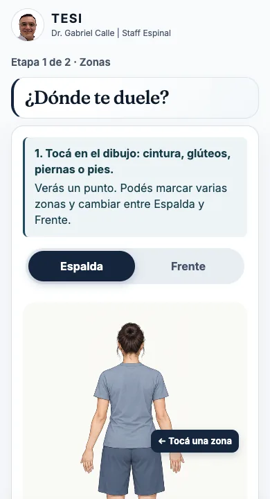 Pantalla de TESI en un celular: el paciente marca en una figura dónde siente dolor